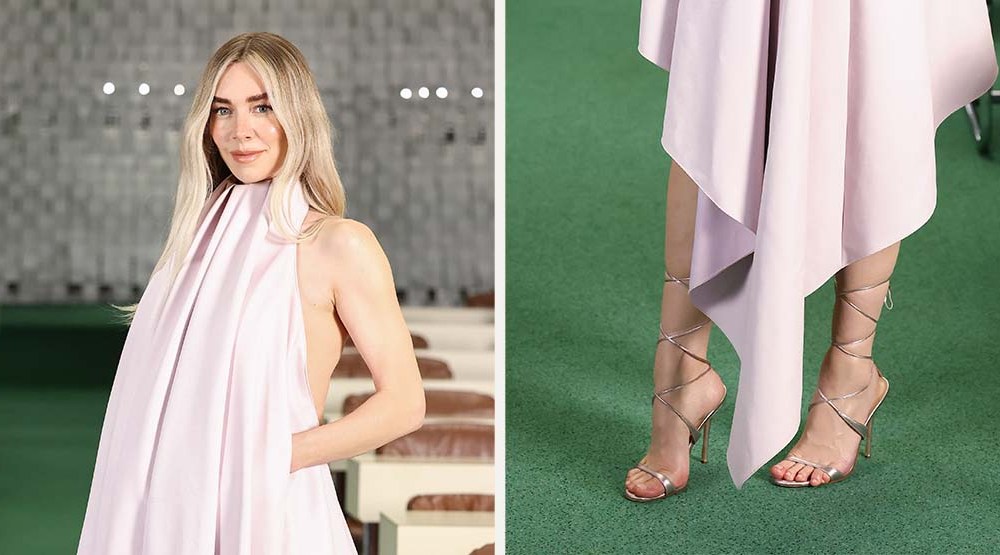 Vanessa Kirby in metallic wrap sandal heels and a Ginvenchy dress in Paris for the "Fantastic Four: First Steps" photo call.