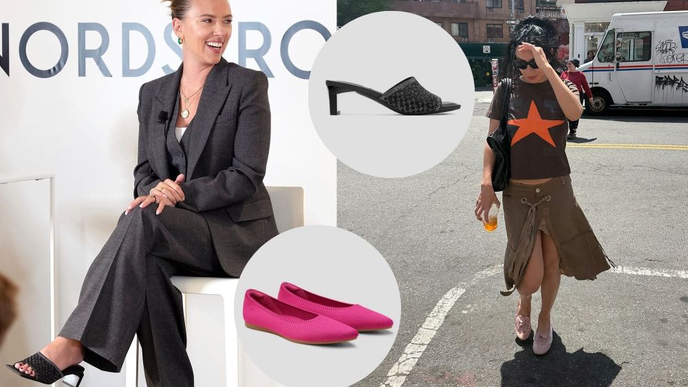 scarlett johansson and charli xcx wearing two different kinds of vivaia shoe styles, with other silhouettes pictured in nearby photo bubbles