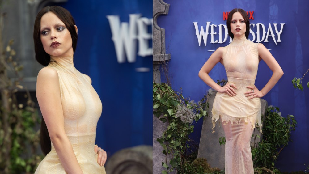 Jenna Ortega wearing Ashi Studio dress at the Wednesday Season Two, Part One premiere on July 30, 2025 in London.