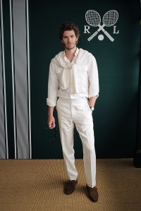 LONDON, ENGLAND - JULY 06: Andrew Garfield, wearing Ralph Lauren, attends the Ralph Lauren suite during The Championships, Wimbledon at All England Lawn Tennis and Croquet Club on July 06, 2025 in London, England. (Photo by Darren Gerrish/WireImage Getty Images for Ralph Lauren)