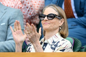 LONDON, ENGLAND - JULY 08: Jodie Foster court-side on day nine of the Wimbledon Tennis Championships at the All England Lawn Tennis and Croquet Club on July 08, 2025 in London, England. (Photo by Karwai Tang/WireImage)