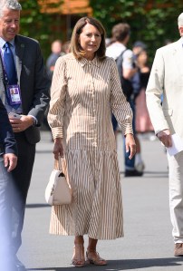 LONDON, ENGLAND - JULY 07: Carole Middleton attends day eight of the Wimbledon Tennis Championships at the All England Lawn Tennis and Croquet Club on July 07, 2025 in London, England. (Photo by Karwai Tang/WireImage)