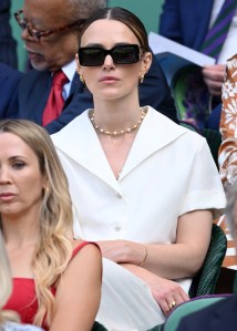 LONDON, ENGLAND - JULY 13: Keira Knightley attends day fourteen of the Wimbledon Tennis Championships at the All England Lawn Tennis and Croquet Club at All England Lawn Tennis and Croquet Club on July 13, 2025 in London, England. (Photo by Karwai Tang/WireImage)