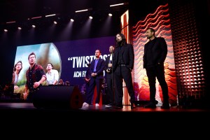 NASHVILLE, TENNESSEE - AUGUST 20: (L-R) Brandon Davis, Joseph Khoury, Ian Cripps and Kevin Weaver of "Twisters" accept the ACM Film Award onstage during the 18th Academy Of Country Music Honors at The Pinnacle on August 20, 2025 in Nashville, Tennessee.  (Photo by Jason Kempin/Getty Images for ACM)