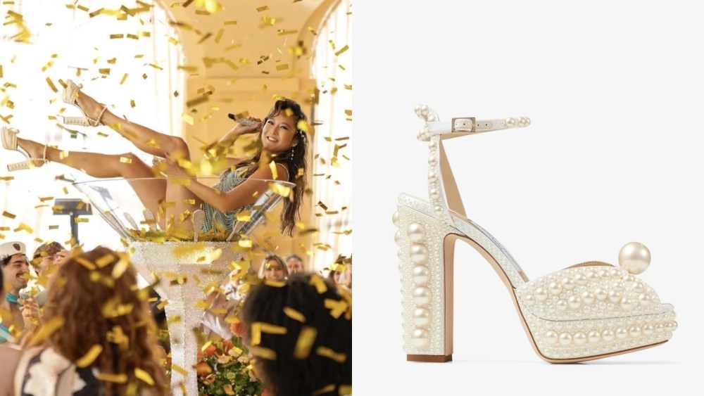 Left: Ashley Park wearing Jimmy Choo's pearl-adorned Sacaria sandal in Season Five of 'Emily in Paris.'
Right: An image of the pearl-adorned Sacaria sandal.