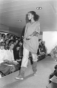 Cuffed long-sleeeve dress with pants and boots in the Perry Ellis for Portfolio Spring/Summer 1978 show in New York (Photo by Nick Machalaba/WWD/Penske Media via Getty Images)
