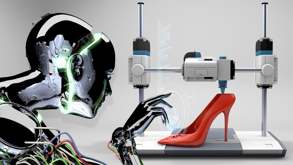 An artificial intelligence robot prints a high heels using a high-tech, super-fast 3D printer.