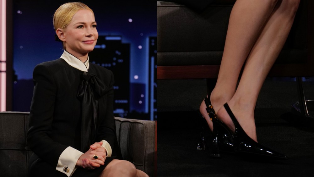 Michelle Williams wearing a Valentino dress and Saint Laurent slingback pumps on 'Jimmy Kimmel Live!' on Aug. 18, 2025.
