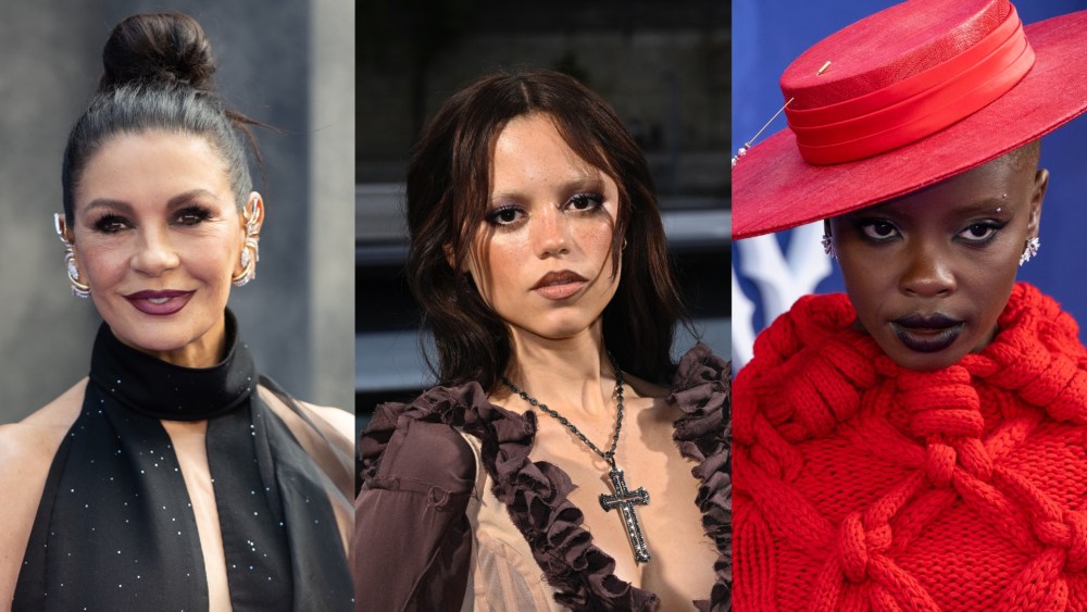 Catherine Zeta-Jones (left), Jenna Ortega (middle) and Joy Sunday (right) during the Wednesday Season Two press tour.