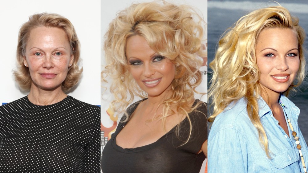 Pamela Anderson in 2025 (left), 2005 (middle) and 1993 (right).