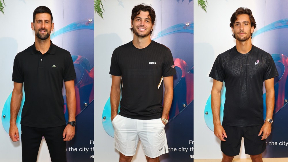 Novak Djokovic, Taylor Fritz and Lorenzo Musetti at the Asics House of Tennis event in New York City on Aug. 21, 2025.