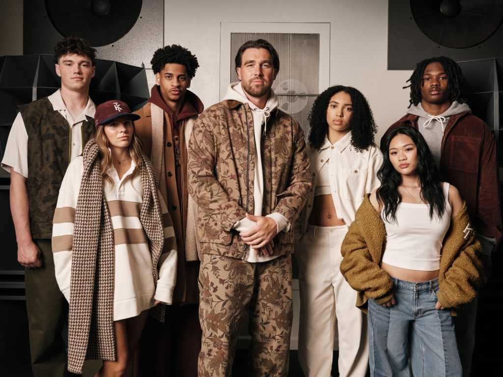 Travis Kelce with his hand-selected team of athletes and friends in the new AE x Tru Kolors by Travis Kelce collection.