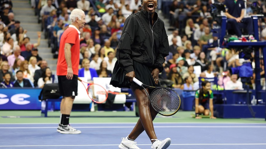 Venus Williams and John McEnroe react during the Stars of the Open exhibition match ahead of the 2025 US Open at USTA Billie Jean King National Tennis Center on August 21, 2025 in the Queens borough of New York City.