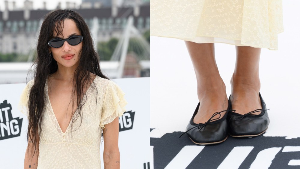 On the left is a close-up of Zoë Kravitz wearing an ivory dress and sunglasses, on the right is is a close-up of her black bow-adorned ballet flats.