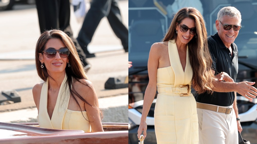 Amal Clooney wears a butter yellow midi dress by Balmain for the 2025 Venice Film Festival.