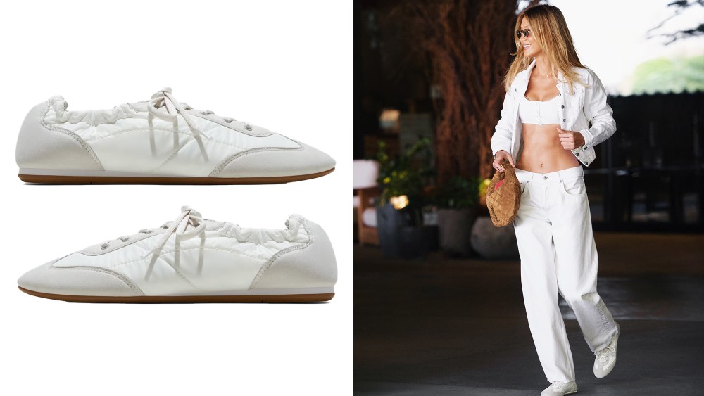 vivaia's new yancy sneakerina in a white color over a white background; bella hadid wearing white coordinates with the brand's new ballet sneaker