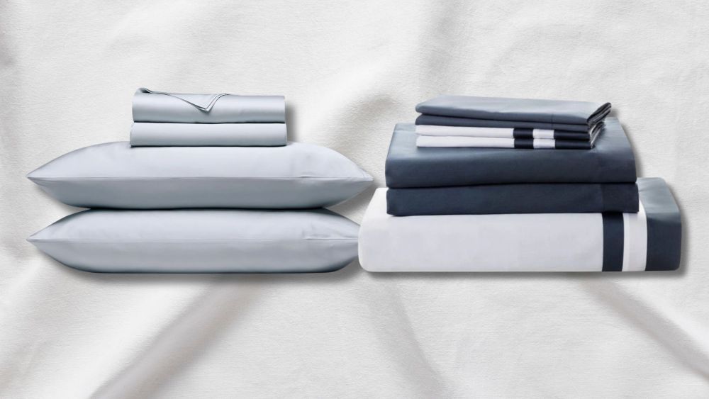 two luxury bedding sets from the brands downright and cozy earth, layered over an image of a creased, white bedsheet; best luxury bedding to shop in 2026