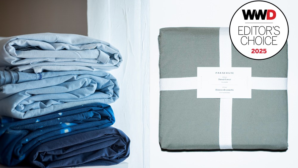 four bedding sets in various shades of blue stacked one on top of the other; parachute duvet cover in moss green, photographed while still in its packaging