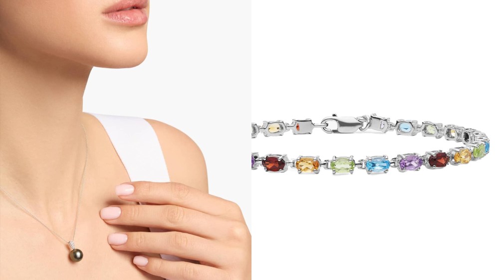 female model showcasing blue nile's tahitian pearl necklace; a blue nile bracelet made out of multihued gemstones, over a white background