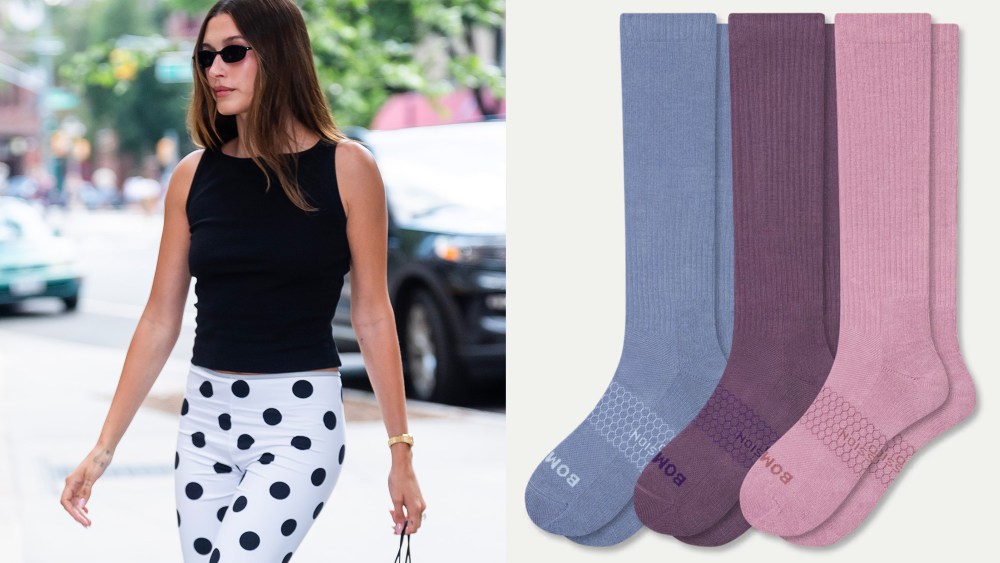 hailey bieber spotted on the street wearing polka dot capri pants; three-pack of bombas socks in blue, purple, and pink