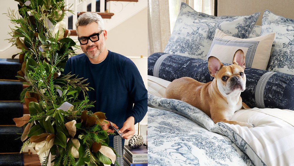 designer brandon maxwell standing in front of a lushly decorated banister; dog resting on a bed with toile-print bedding