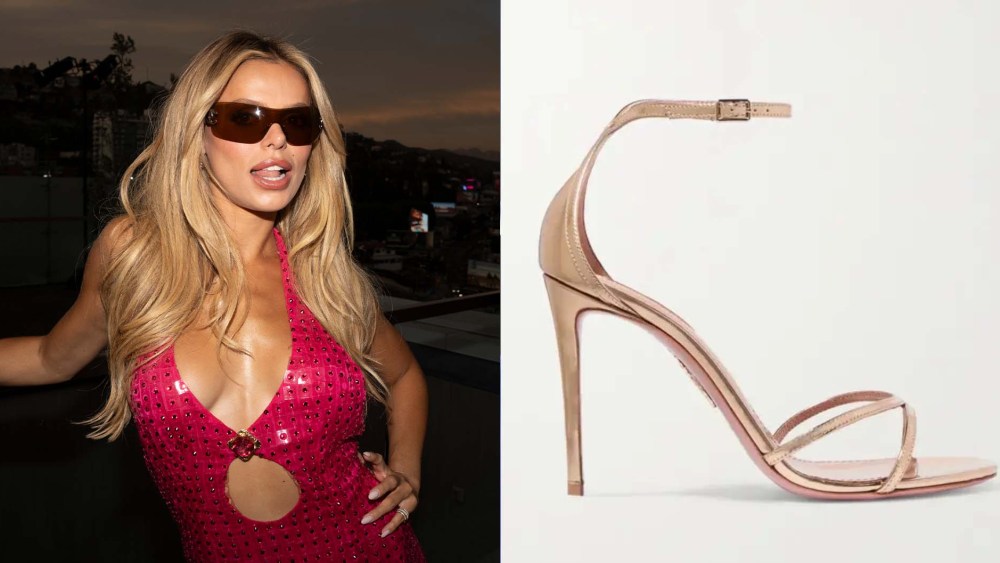 Brooks Nader wore Aquazzura Purist 105 sandals in a metallic rose gold finish to the premiere of "Love Thy Nader" on Wednesday.