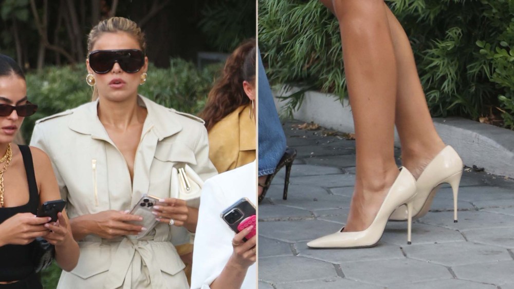 Brooks Nader outside of Sunset Towers in West Hollywood on Thursday wearing cream patent pumps.