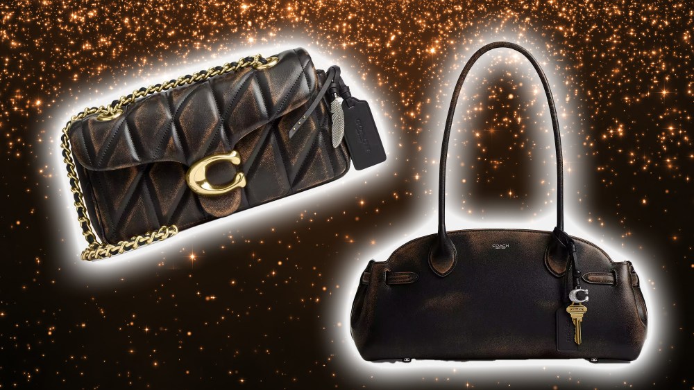 coach tabby and empire carryall bags over a glittery brown background, outlined with a white halo effect