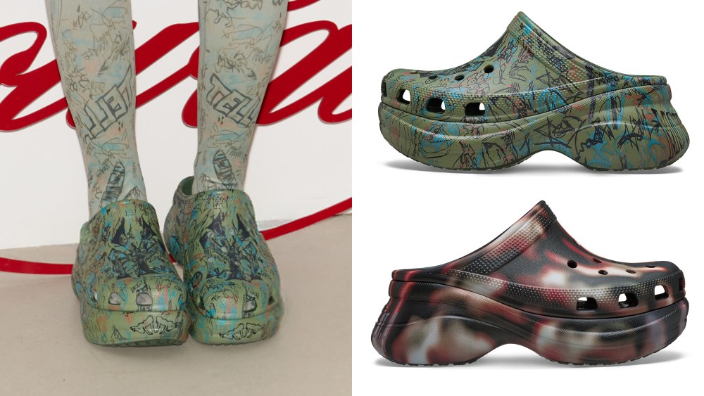 model showing off the new crocs x mowalola bae clog while wearing high-rise stockings; the two new bae clog models over a white background