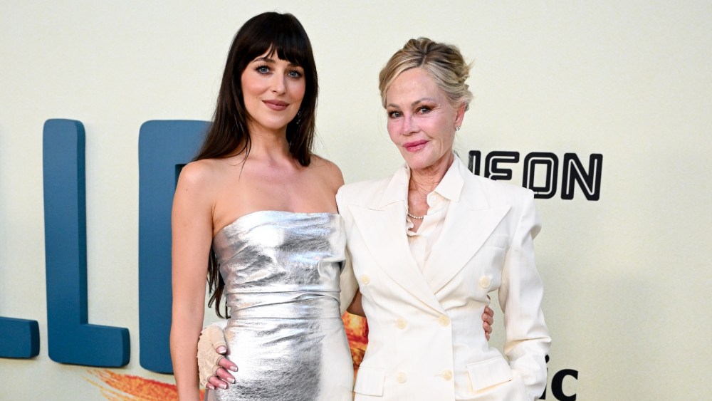 Dakota Johnson with mom Melanie Griffith at the 'Splitsville' premiere in Los Angeles on Aug. 19.