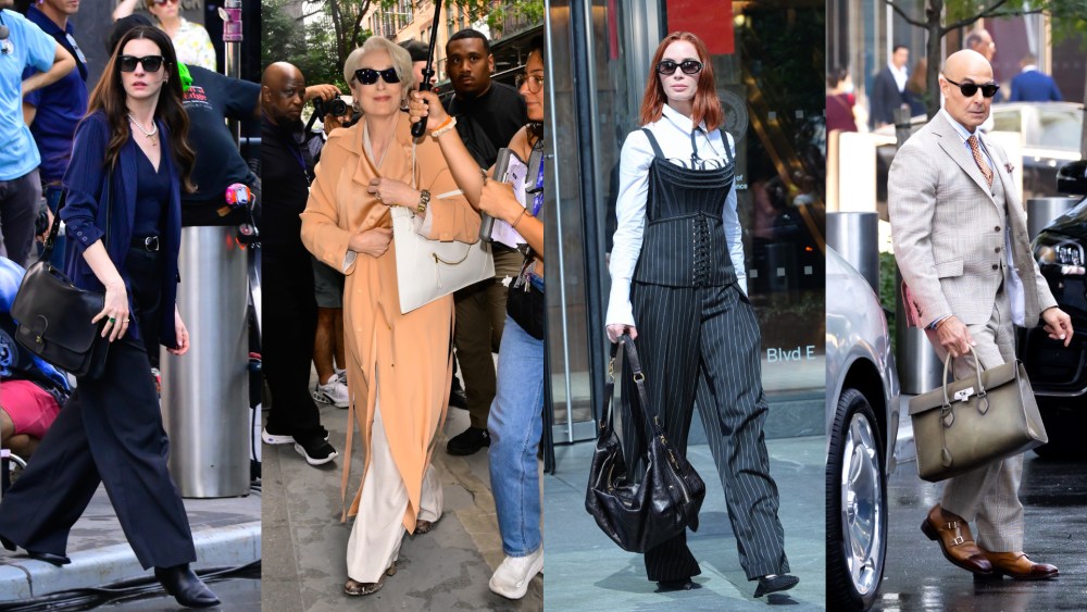 Anne Hathaway with a Coach briefcase; Meryl Streep with a Celine bag; Emily Blunt carrying Dior and Stanley Tucci with Berluti bag on the set of 'The Devil Wears Prada 2' in New York City.