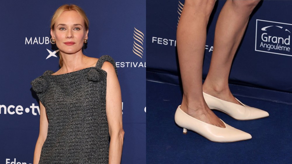 diane kruger wearing Aeyde Clara leather pumps in cream at the Angouleme French-Speaking Film Festival, diane kruger style, kitten heel shoe trend