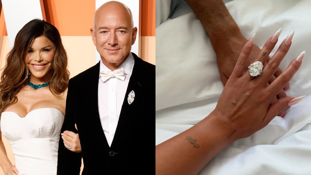 Lauren Sánchez wearing her engagement ring from Jeff Bezos in March; A photo of Georgina Rodríguez's engagement ring from Cristiano Ronaldo shared on her Instagram in August.