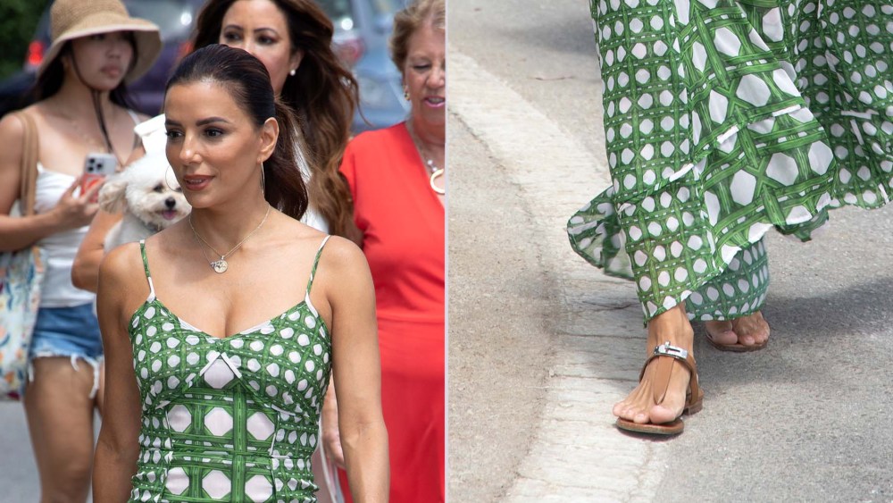 Eva Longoria wearing Hermès brown leather thong sandals with silver hardware in Marbella, Spain on Wednesday.
