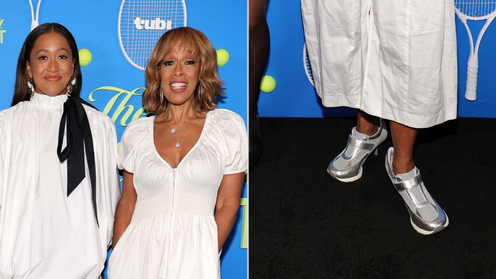Naomi Osaka and Gayle King, who wears Sneex's Silver Tepper Hy-Heel sneaker heels at the premiere of "Naomi Osaka: The Second Set" in New York on Monday.