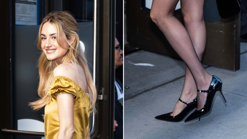 Grace Van Patten going to "Good Morning America" wearing shiny black patent stilettos on Tuesday.