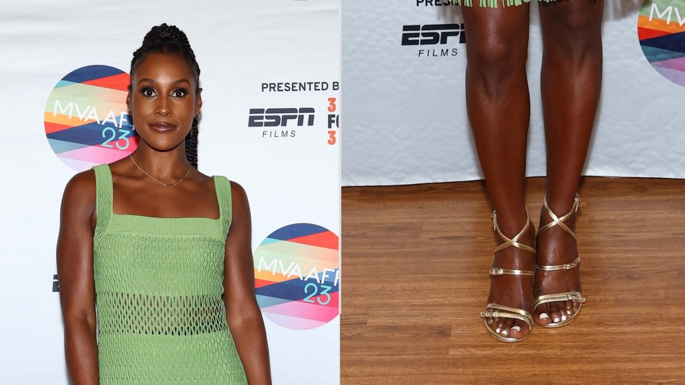 Issa Rae wears Stuart Weitzman gold metallic Georgie strappy sandals in Martha's Vineyward on Saturday.