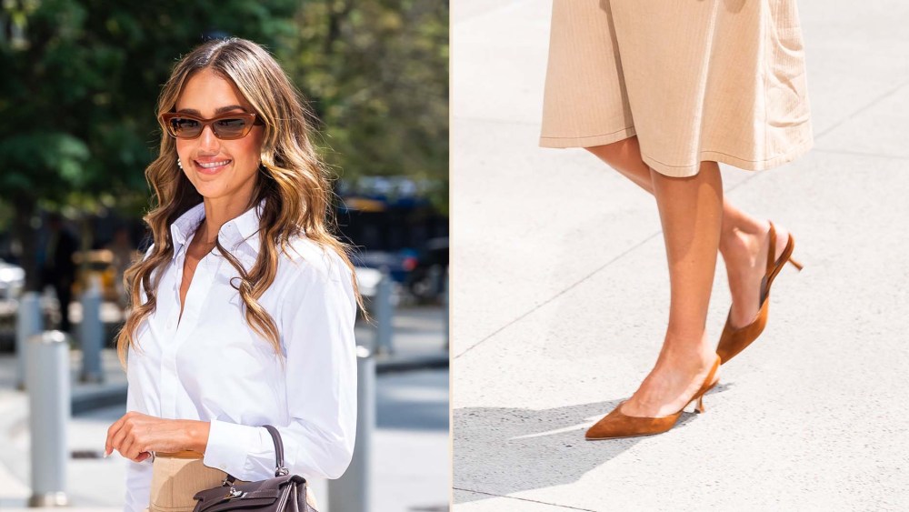 Jessica Alba wears Manolo Blahnik Carolyne Slingback Kitten Heels in New York City on Monday.