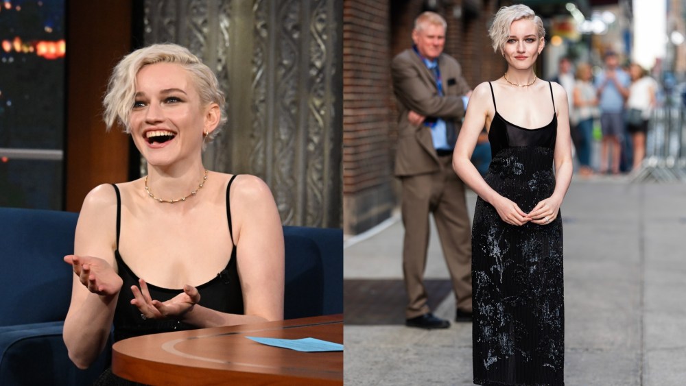 The Late Show with Stephen Colbert and guest Julia Garner during Monday’s August 4, 2025 show. Photo: Scott Kowalchyk ©2025 CBS Broadcasting Inc. All Rights Reserved. NEW YORK, NEW YORK - AUGUST 04: Julia Garner is seen in Midtown on August 04, 2025 in New York City. (Photo by TheStewartofNY/GC Images)
