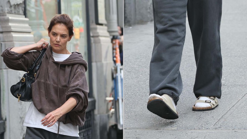 Katie Holmes wearing sandals with socks on the set of Happy Hour in New York City earlier this week.