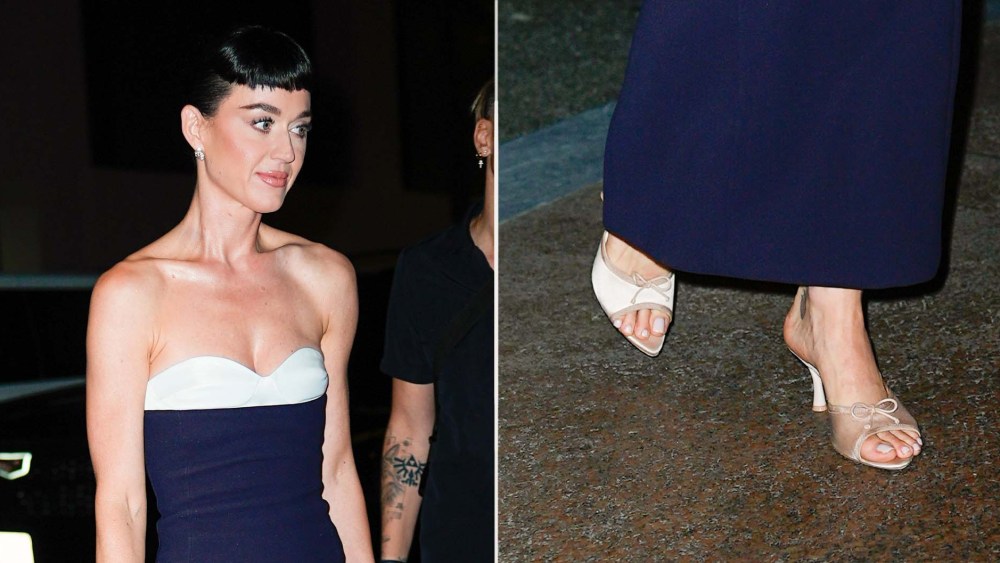 Katy Perry in blush satin mules, the Malone Souliers x Tabitha Simmons Lily Bow Slide Sandals, while out. in New York on Tuesday evening.