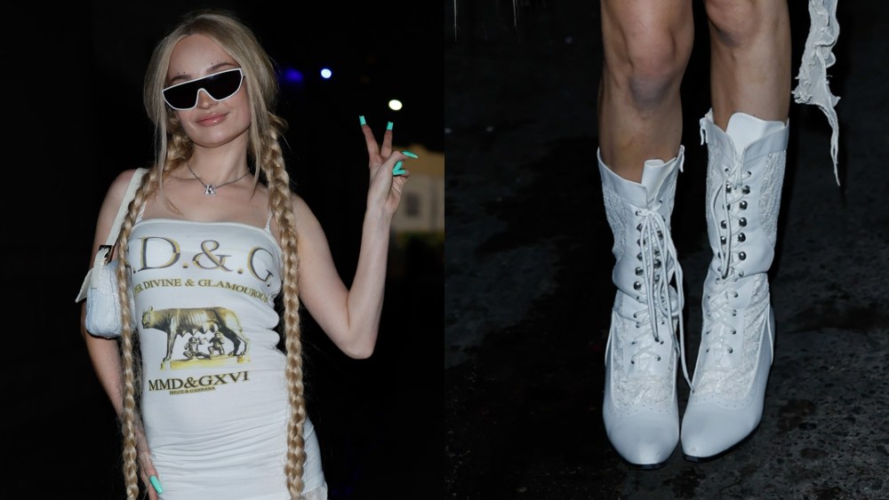 kim petras wearing a dolce and gabbana dress and white victorian-inspired lace-up boots
