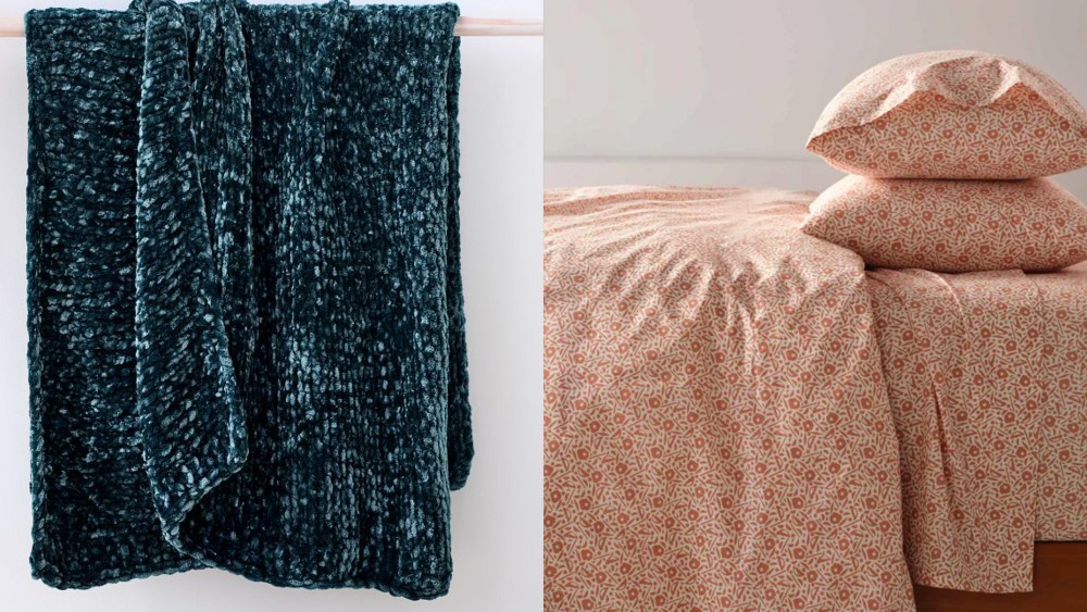 chenille throw blanket hanging on a rack; brooklinen's percale bedding displayed on a bed, bearing a floral print