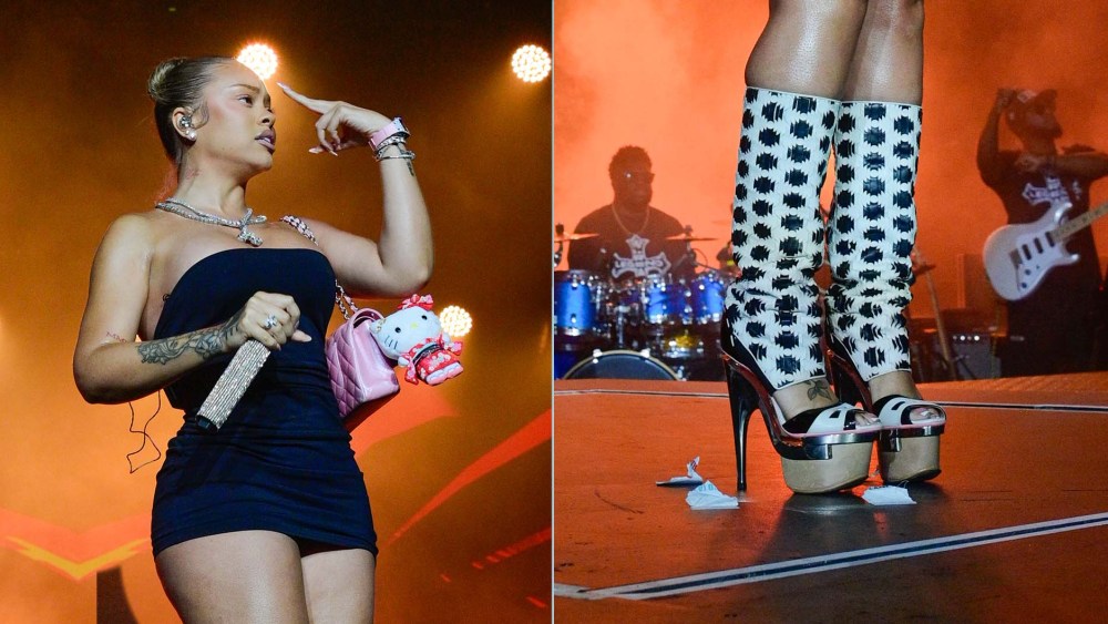 Latto performs at the YFN Lucci & Friends Festival in Atlanta wearing Versace 'Alice in Wonderland' -Era Platform boots from the spring 2010 collection.
