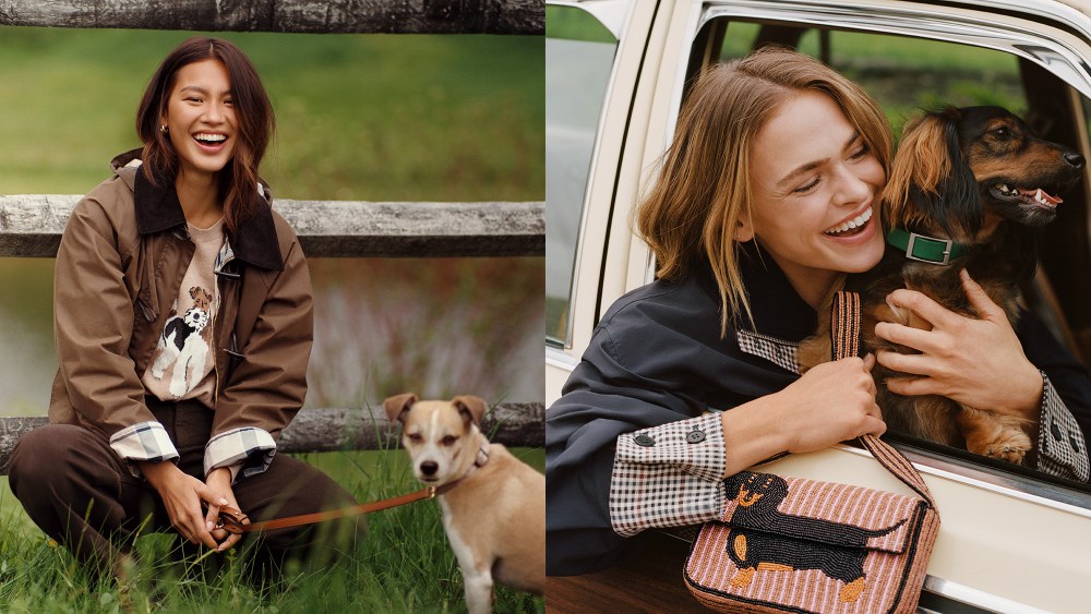 two models shown wearing fall outfits with dogs in tow, smiling at the camera