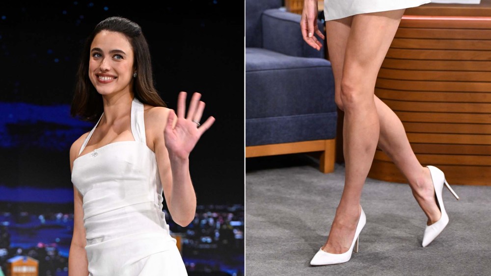 Margaret Qualley wears white Gianvito Rossi 105mm pumps during hear appearance on "Jimmy Fallon" Thursday evening.