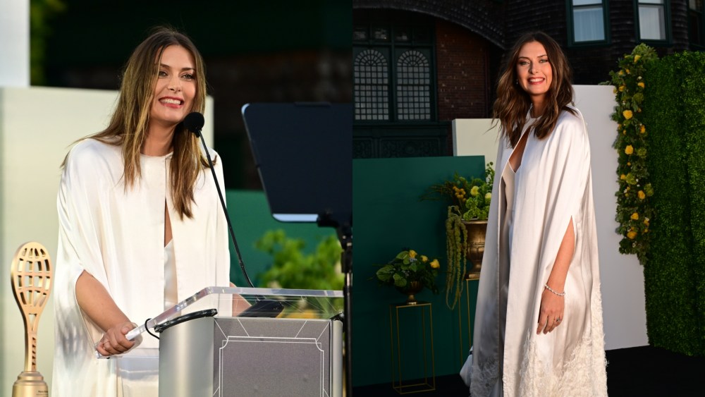 Maria Sharapova wears a custom white Gabriela Hearst look for her induction into the International Tennis Hall of Fame in Newport, RI.