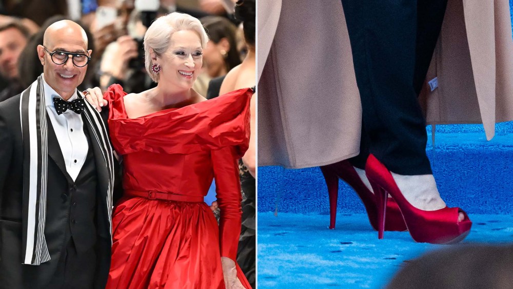 Meryl Streep wearing red satin peep-toe platform pumps on the set of "The Devil Wears Prada 2" on Saturday.