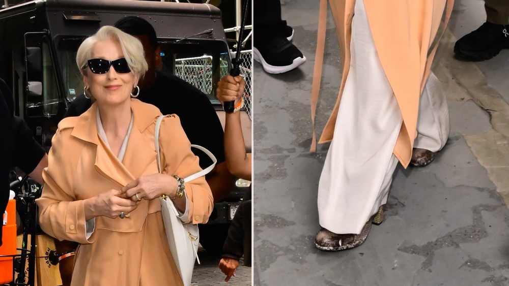 Meryl Streep wearing snakeskin block heel boots on the set of "The Devil Wears Prada 2" on Thursday in New York City.