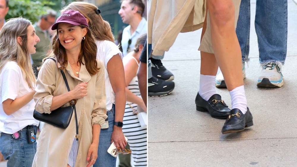 Natalie Portman wearing Gucci 1953 Horsebit Loafers in black leather while on the set of "Good Sex."